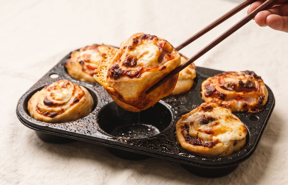 Chopsticks lifting a crispy baked roll out of a cast-iron muffin pan