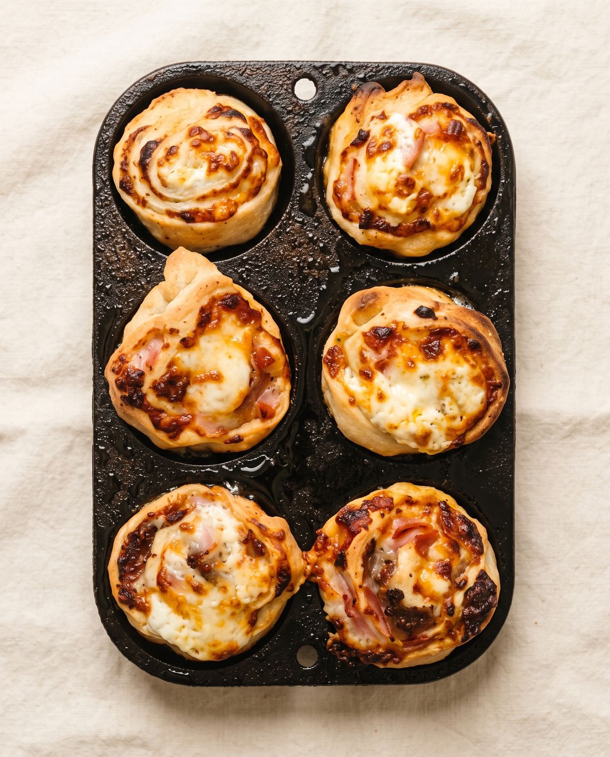 Six sourdough pizza rolls in a black cast-iron muffin pan, spirals and browned cheese seen from above