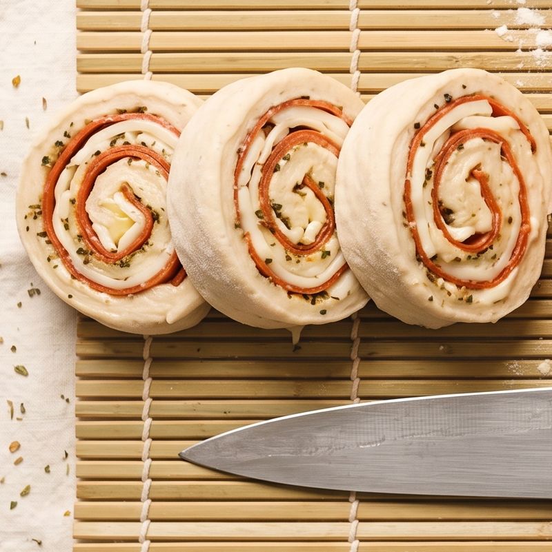 Raw pepperoni roll rounds showing their spirals